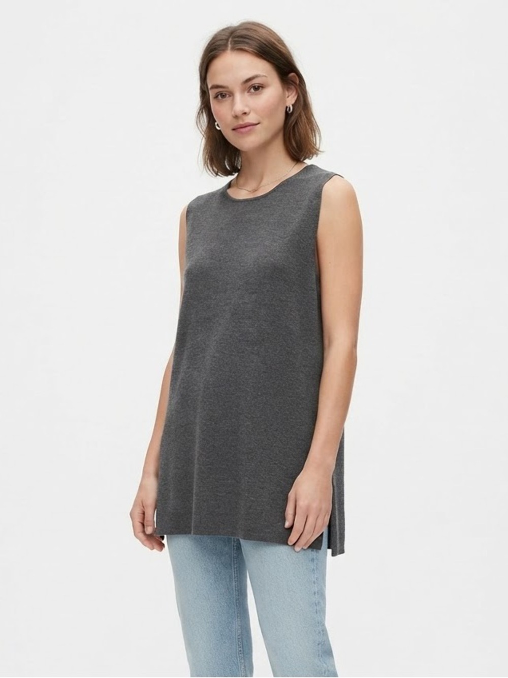 Eileen Fisher Gray Knit Sleeveless Tunic L | Minimalist Workwear Basic Capsule
